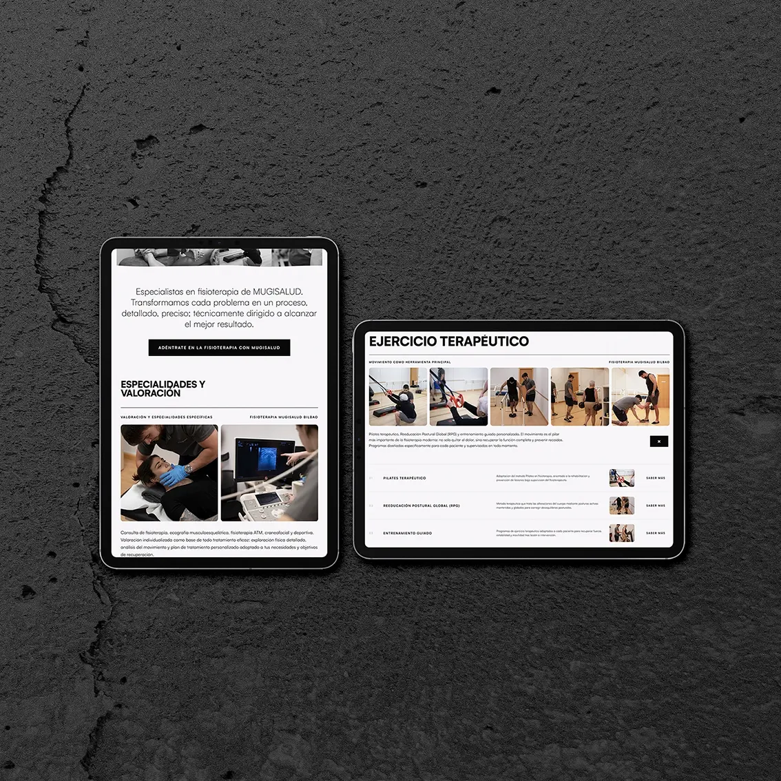 Physiotherapy website on two tablets, showing the specialities, assessment and therapeutic exercise sections on a black backdrop.
