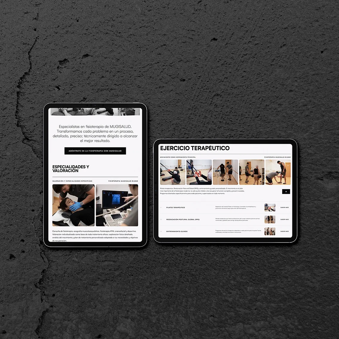 Physiotherapy website on two tablets, showing the specialities, assessment and therapeutic exercise sections on a black backdrop.