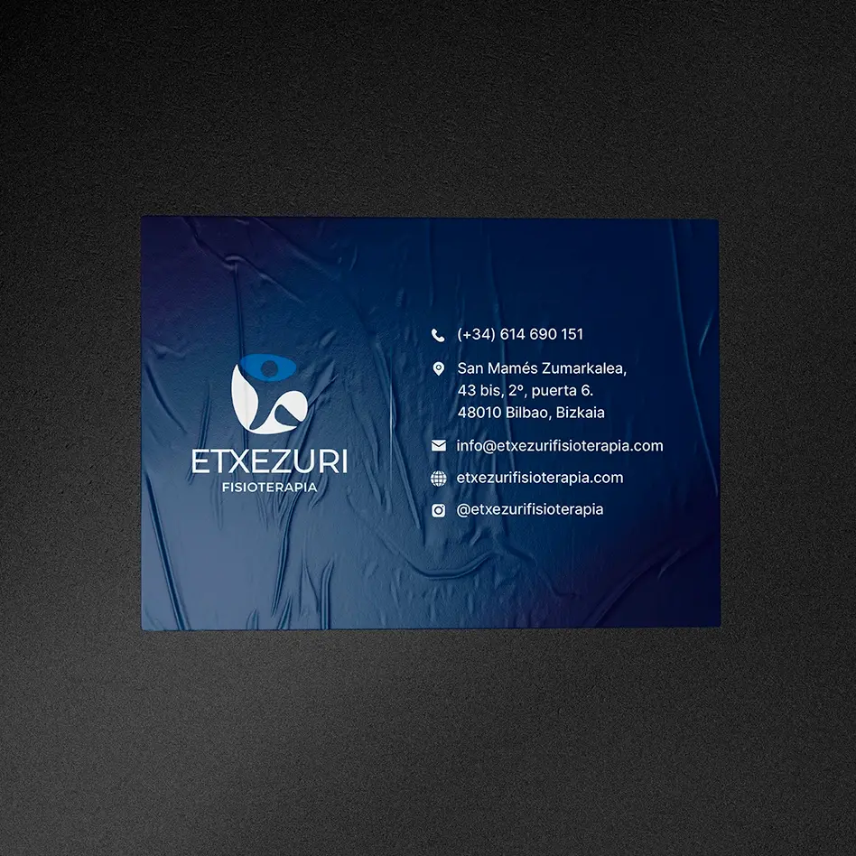 Etxezuri Fisioterapia business card in gradient blue with a textured finish, white logo and the San Mamés, Bilbao clinic's contact details.