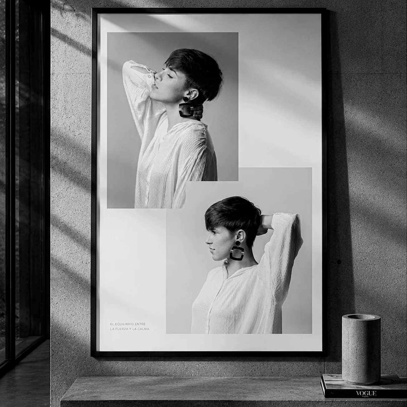 Framed black and white photographic poster with two side portraits of a woman wearing square statement earrings, editorial fashion photography in Bilbao