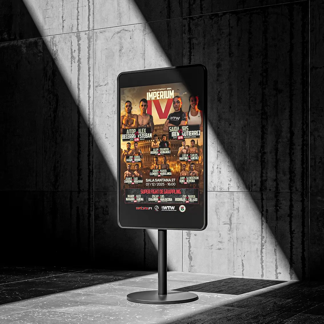 Imperium IV MMA event poster on a digital totem, showing fighters, bold red type and the Sala Santana 27 Bilbao event details.
