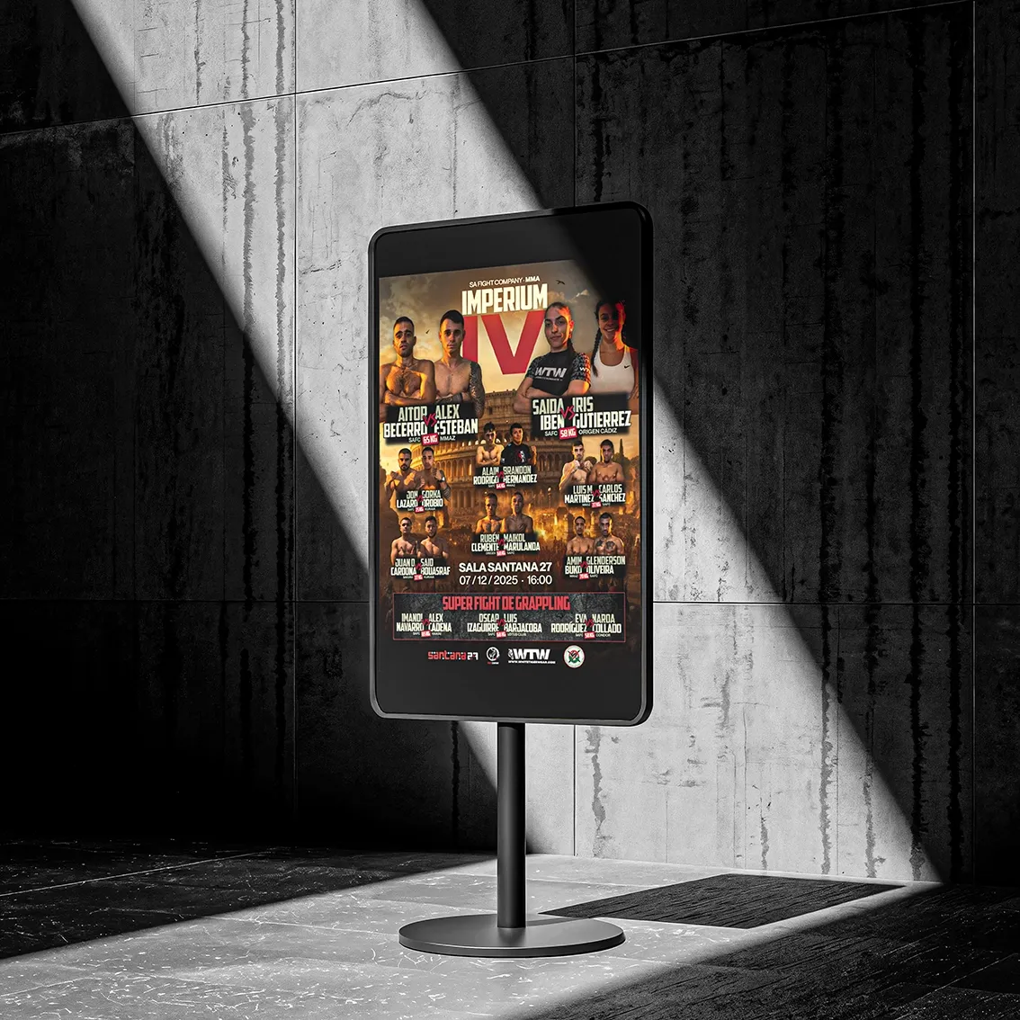 Imperium IV MMA event poster on a digital totem, showing fighters, bold red type and the Sala Santana 27 Bilbao event details.