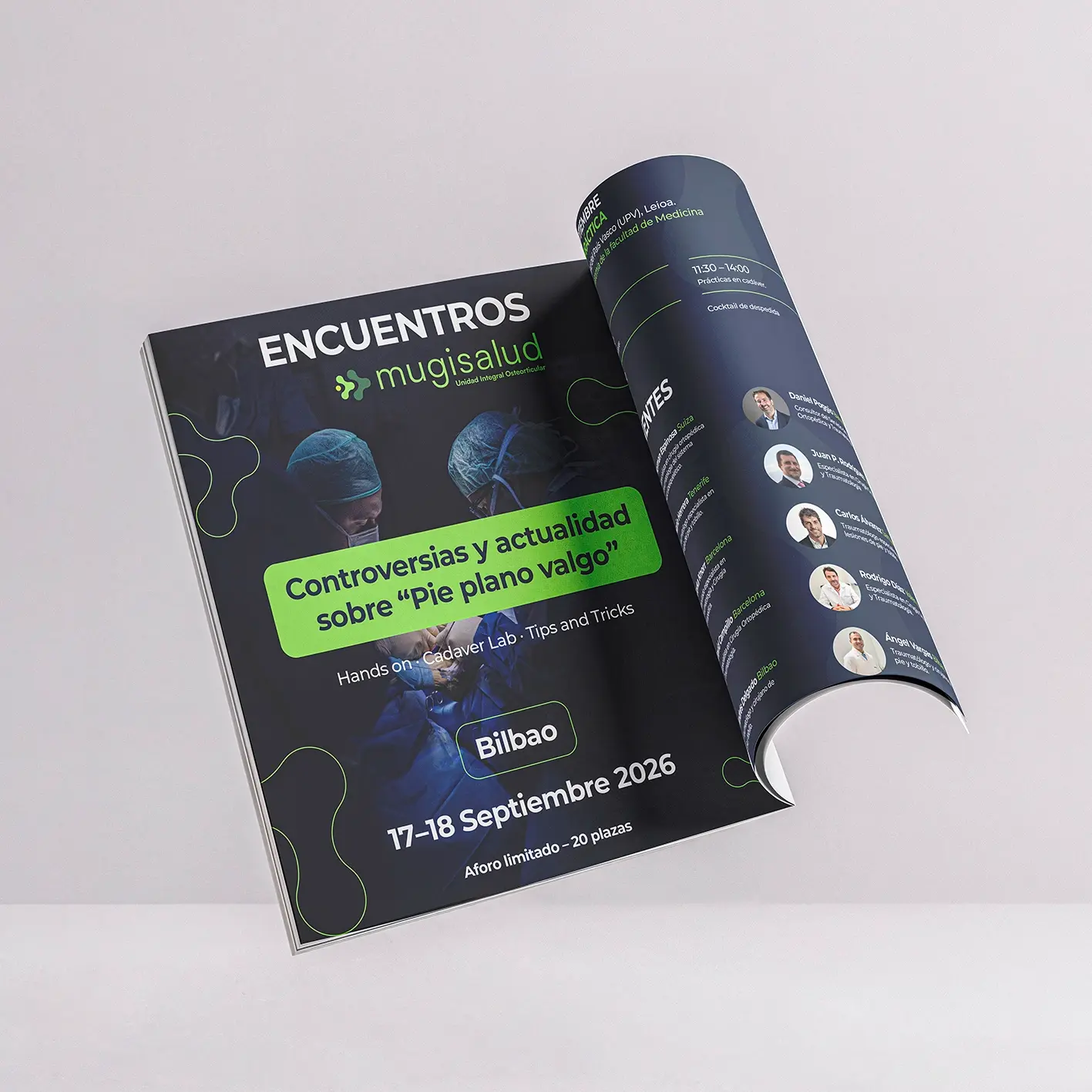 Mugisalud brochure for the medical meeting on flatfoot in Bilbao, showing speakers and programme, in dark blue and green.