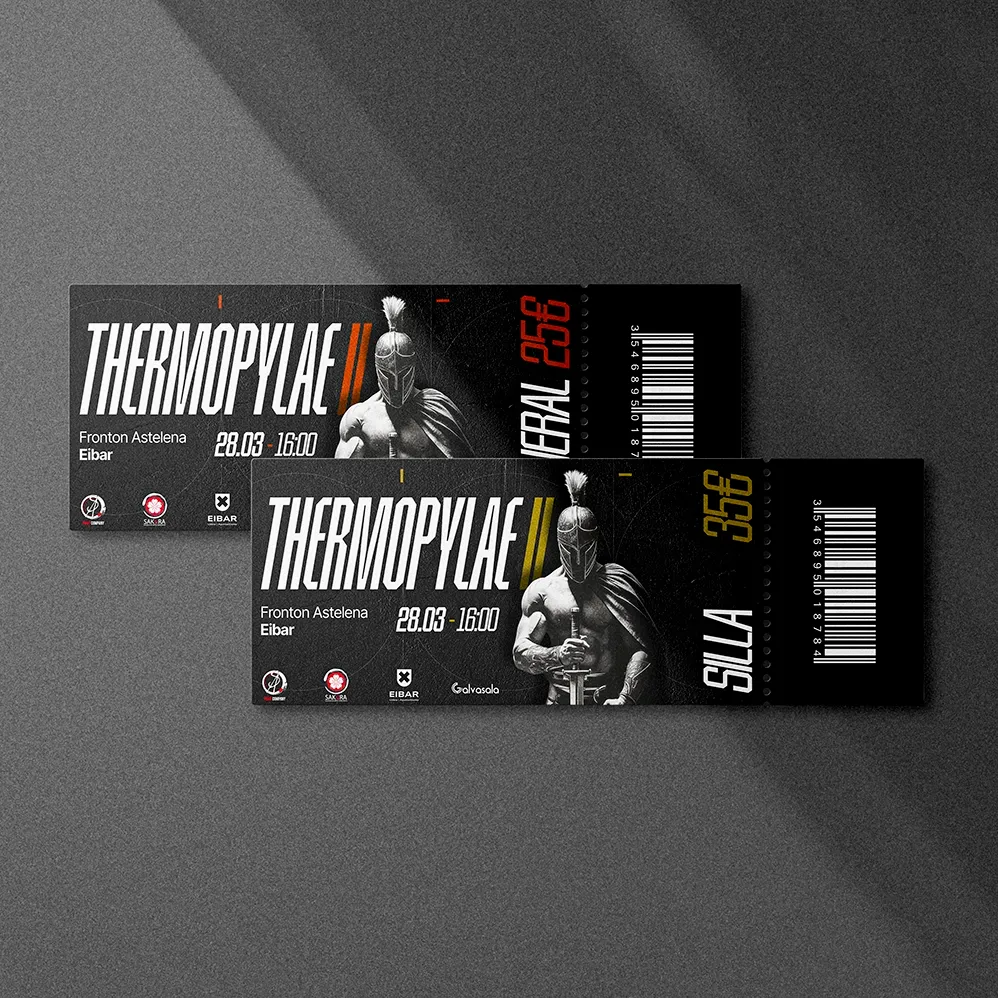 Design of two Thermopylae II grappling event tickets featuring a Spartan warrior, with general and seat pricing for the Frontón Astelena in Eibar
