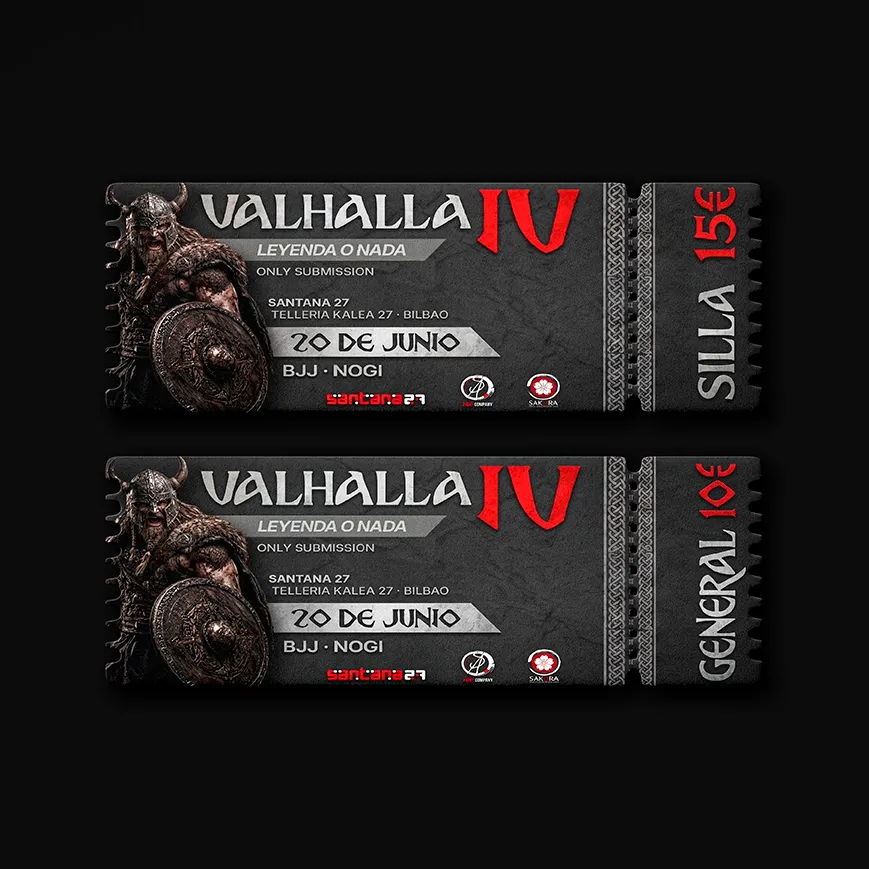 Design of two Valhalla IV event tickets featuring a Viking warrior, with seat and general pricing for the BJJ and nogi grappling night at Santana 27 in Bilbao